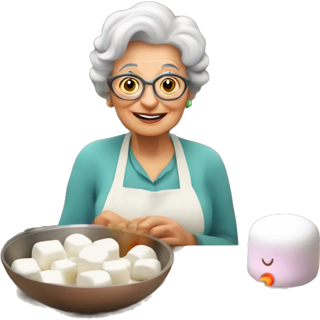 Cute cartoon Italian woman looking grandma holding a marshmallow cooking marshmallows in kitchen emoji