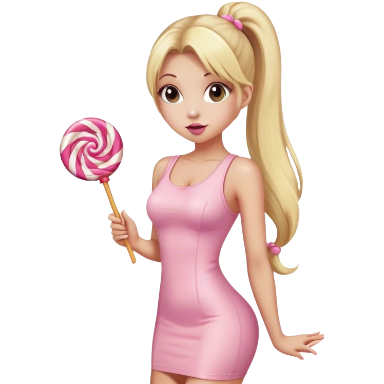 Beautiful woman with long blonde ponytails wearing light pink bodycon dress holding a lollipop emoji