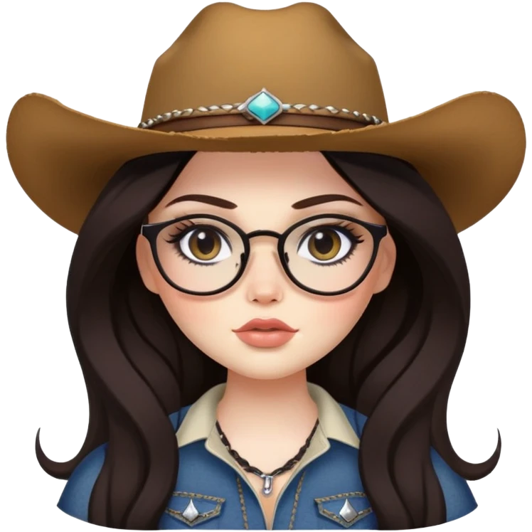 pretty bratz baddie, black eyeliner, pale skin, aesthetic country, plus size, glasses, dark brown long hair emoji