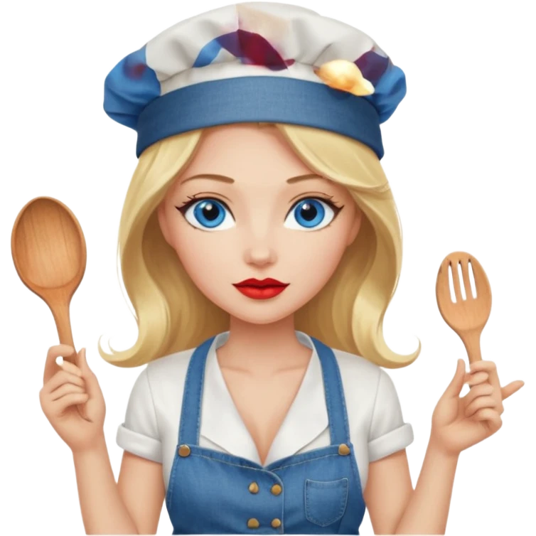 Beautiful, sexy,  long blonde hair, blue eyed, full red lips plunging v neck shirt, denim shorts, chef hat  emoji