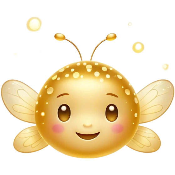 Cinematic tiny glowing firefly, round and chubby, soft golden light, tiny happy face, gentle floating motion, surrounded by dreamy sparkling dots. emoji
