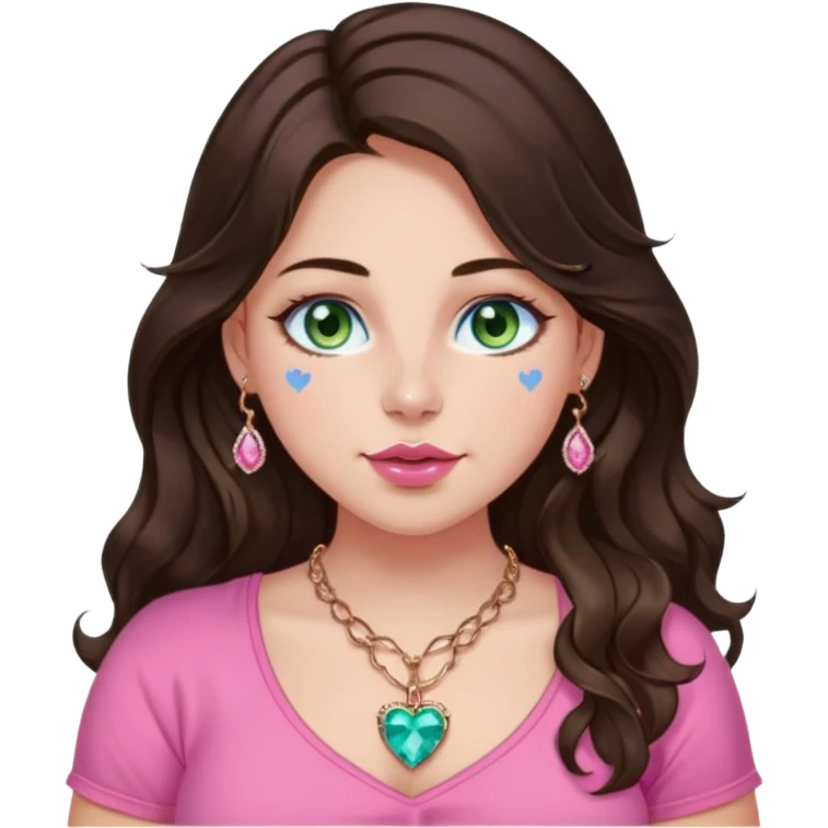 Girl girl long wavy dark brown hair with middle part, green/blue/gold eyes, plus size, pink girly top, right nostril rose gold nose ring, pink heart crystal necklace  emoji