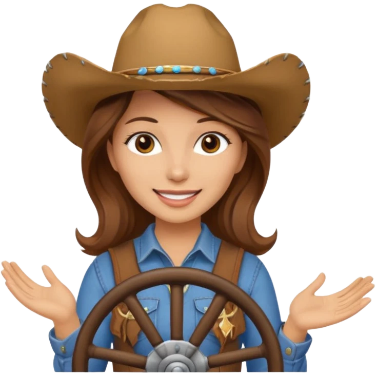 ["Light-skinned cowgirl, brown hair, wearing a cowboy hat, holding the wheel."] emoji