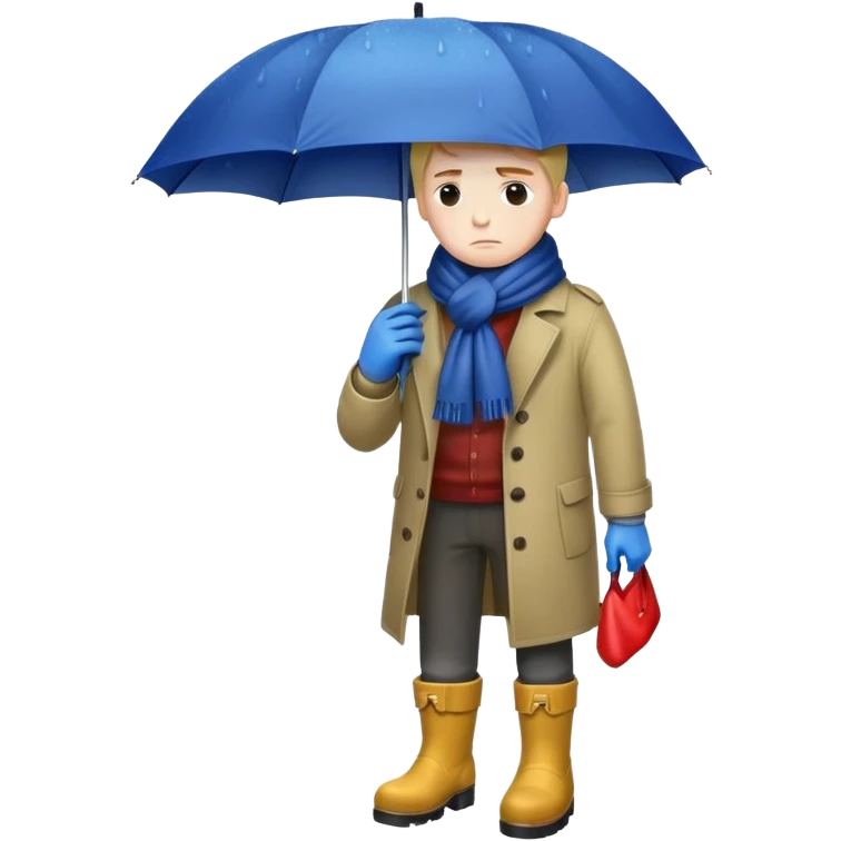 Guy with rain umbrella sad with gloves scarfs and boots emoji