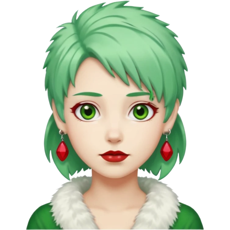 white furred unicorn with green hair and big red earrings looking into camera emoji