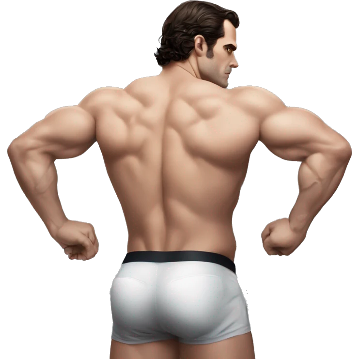 Henry cavill in a jock, backwards view, stretching glutes emoji