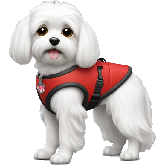 Maltese wearing a red service dog vest with to bleck straps emoji