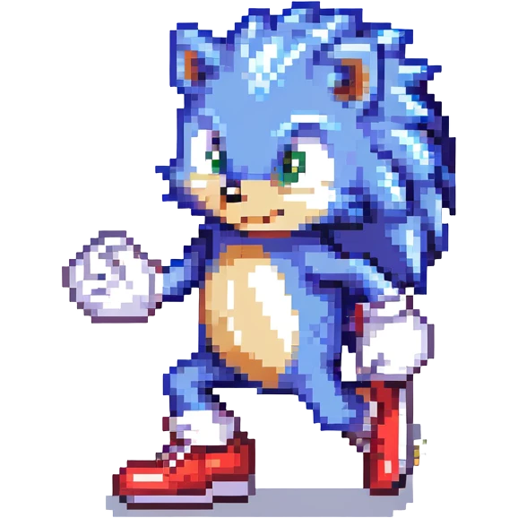 blue hedgehog with red shoes and white gloves, mid-run in a colorful Green Hill Zone with golden rings and motion lines, confident expression emoji