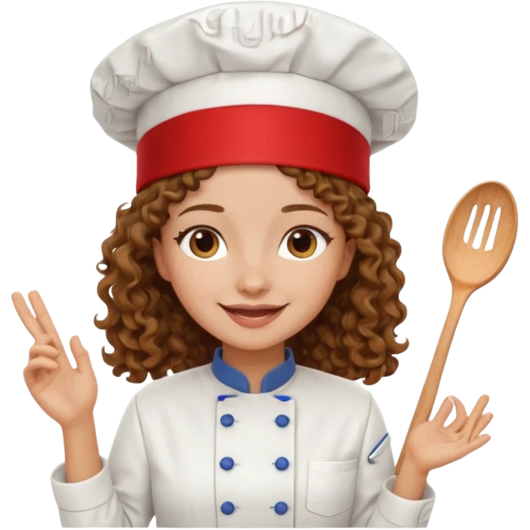 Long curly hair, happy, wearing chef uniform and chef hat emoji