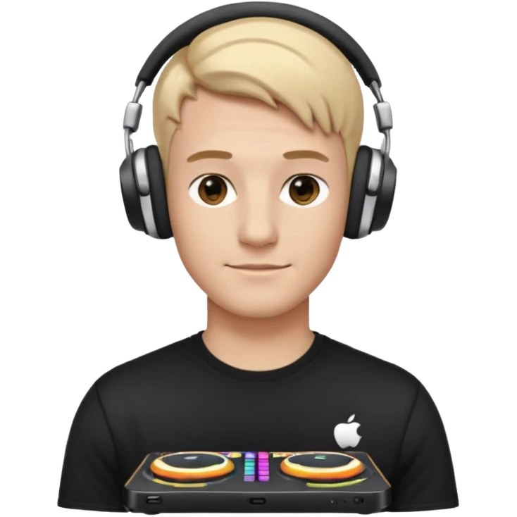 эмодзи парень диджей молодой с диджейский пультом красивый парень со светлыми волосами и в наушниках apple airpods max одет в черную футболку карие глаза  emoji