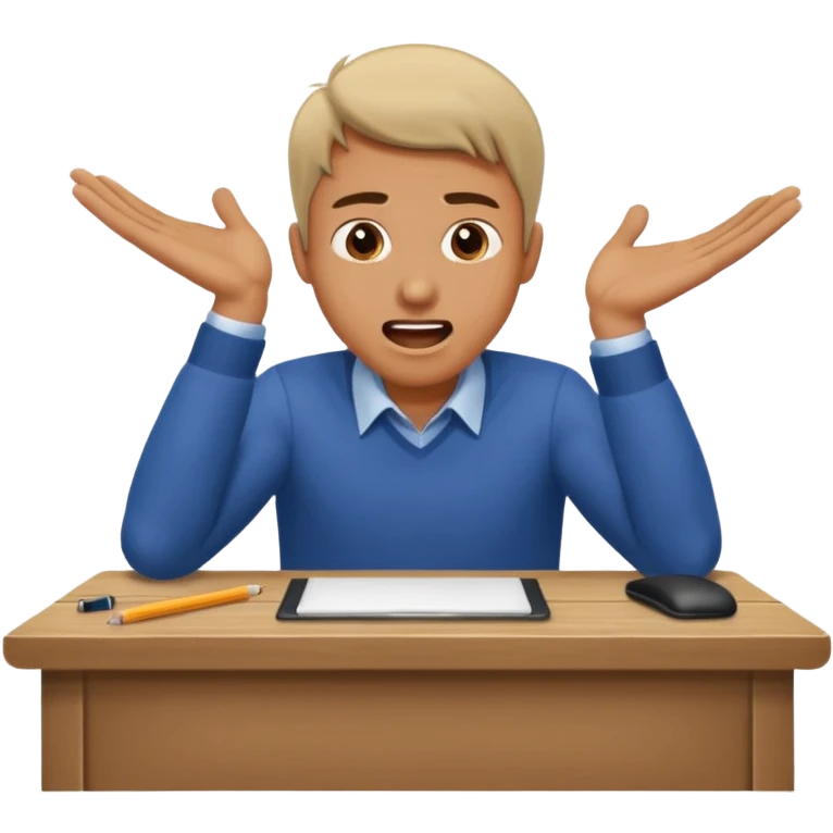 man at desk, leaning forward, hands pressed on table, shouting, working emoji