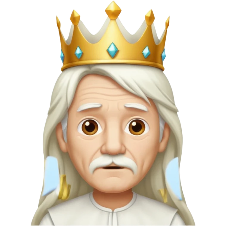 old man with long white hair and has no moustache wearing a white shirt and a crown emoji