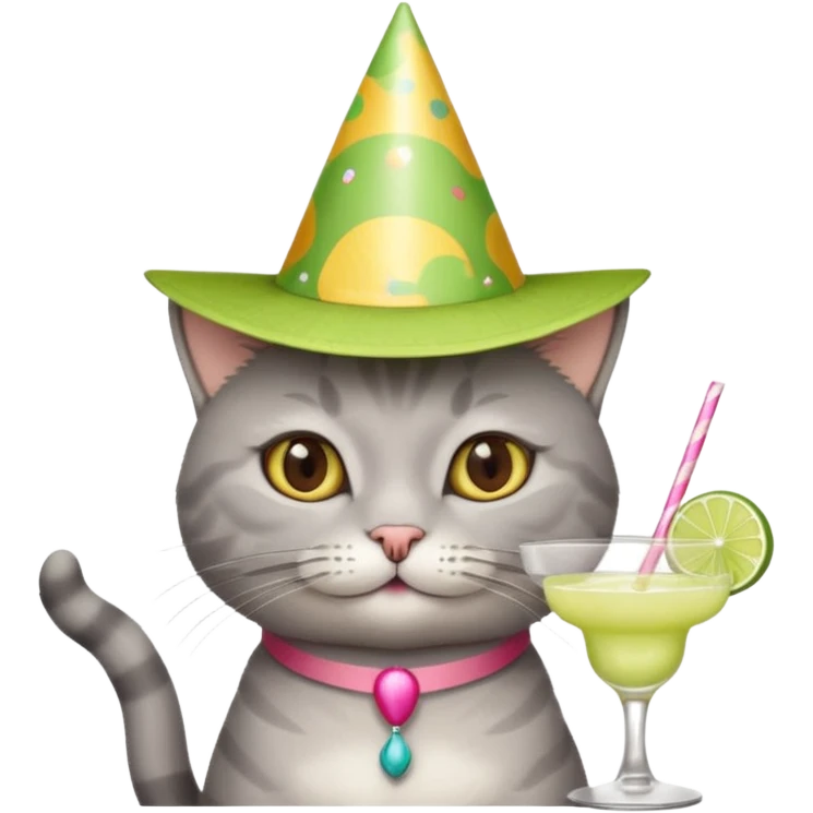 A grey cat is wearing a party hat, and drinking a margarita. emoji