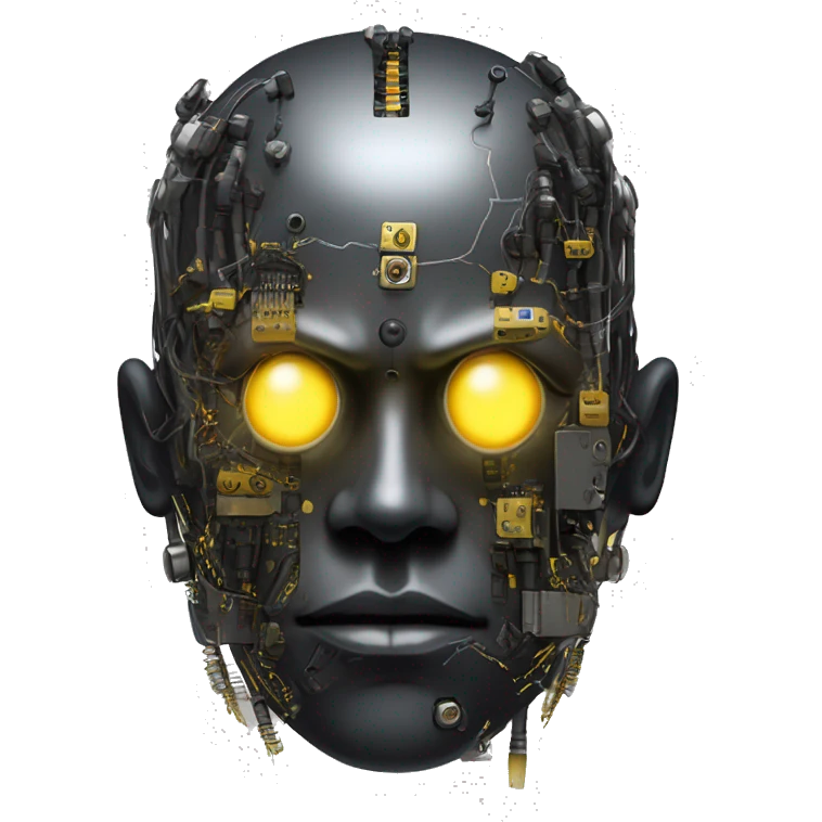 black metal cyborg head with circuitry, one artificial eyeball, and yellow Mohawk goatee emoji