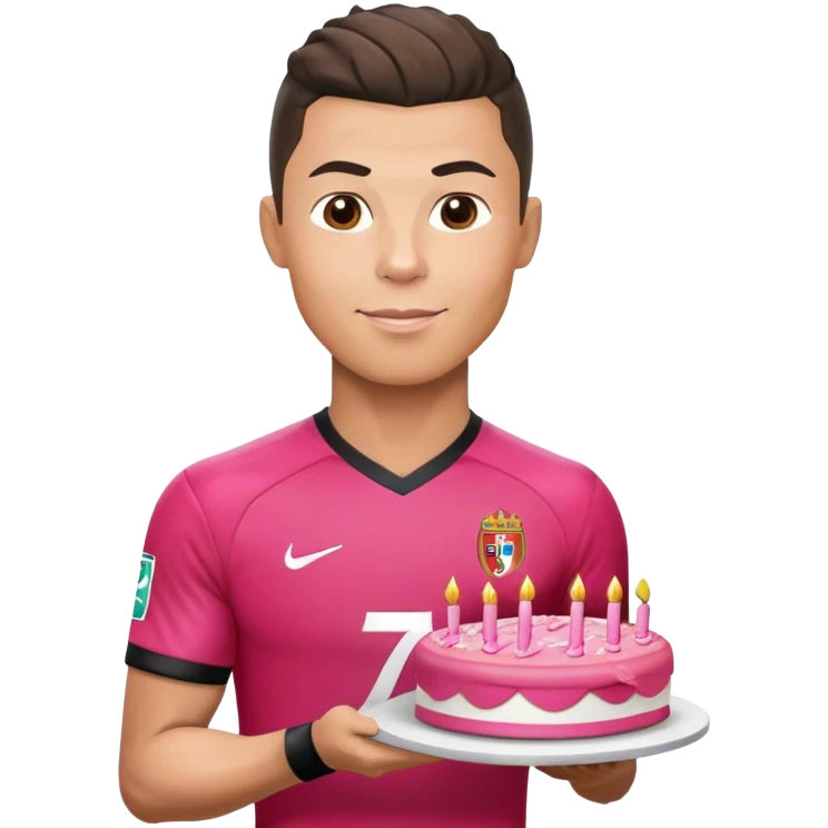 Cristiano Ronaldo wearing his red jersey holding a pink pretty birthday cake  emoji
