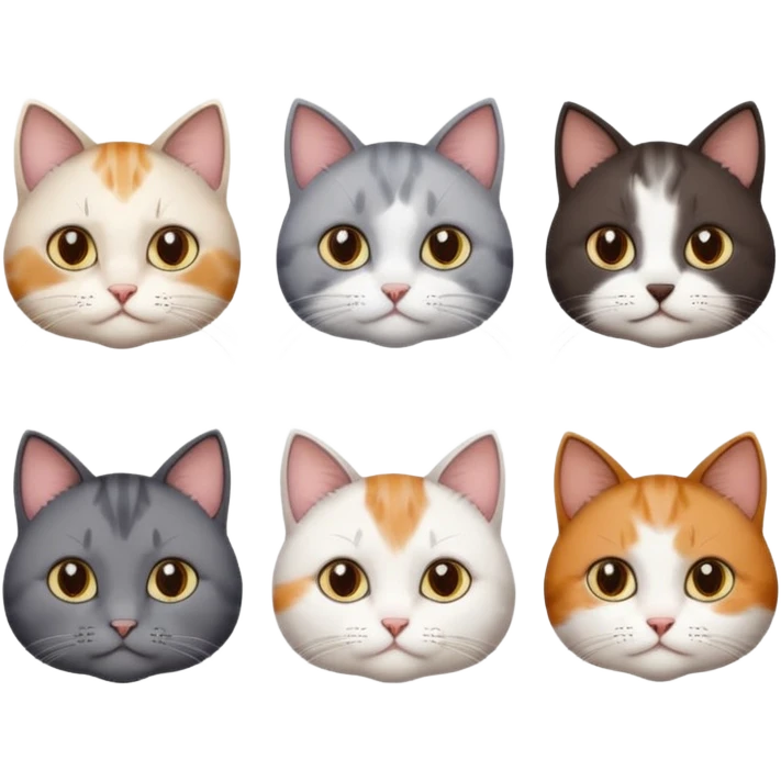 5 different coloured short haired cats including; a dark brown and white cat, and a dark grey and white, and a calico emoji