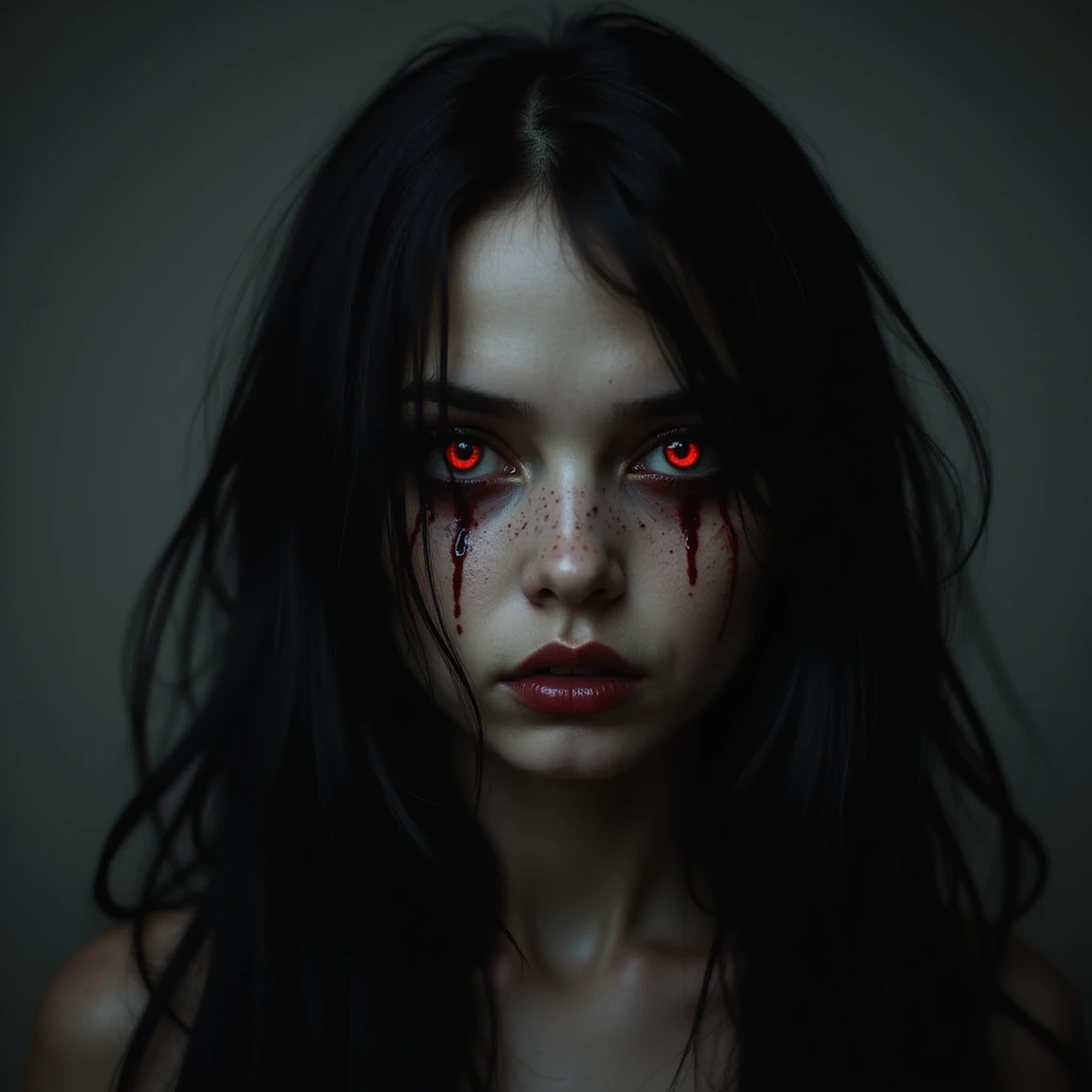 realistic horror portrait of a beautiful scary girl with long black hair, blood-red eyes, supernatural aura, horror style emoji