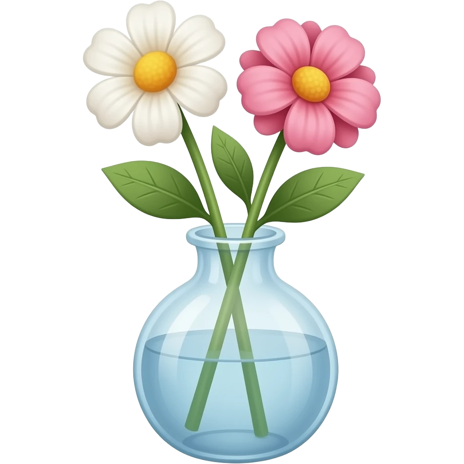 中间一个小玻璃花瓶，插 2 朵花 + 2 叶 emoji