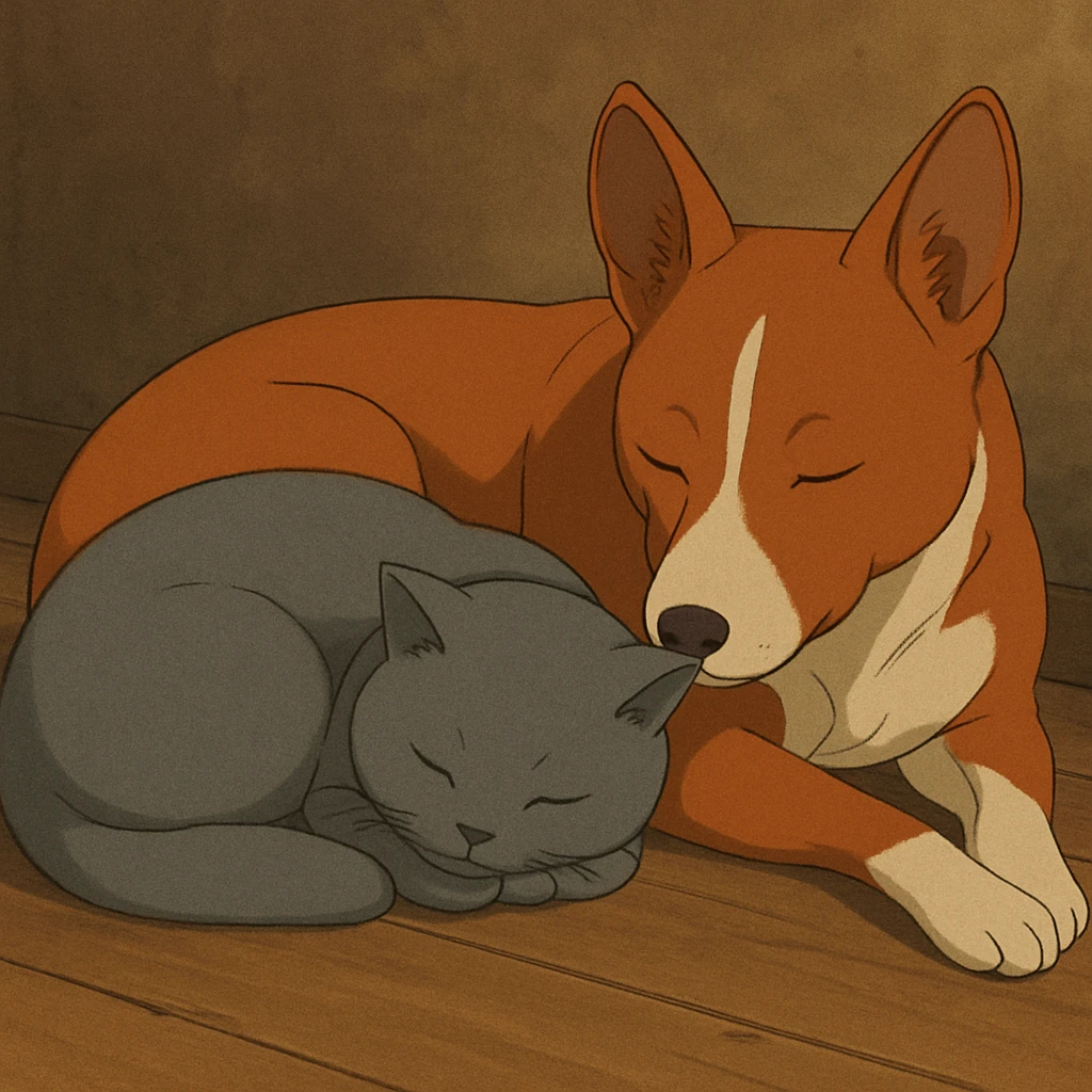 A gray British Shorthair cat curled up and sleeping next to a red Basenji dog emoji