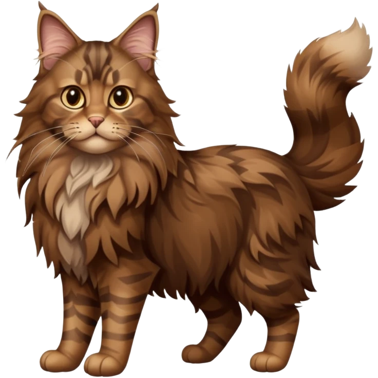A high-resolution photo-realistic digital illustration of a brown maine coon cat, full body emoji