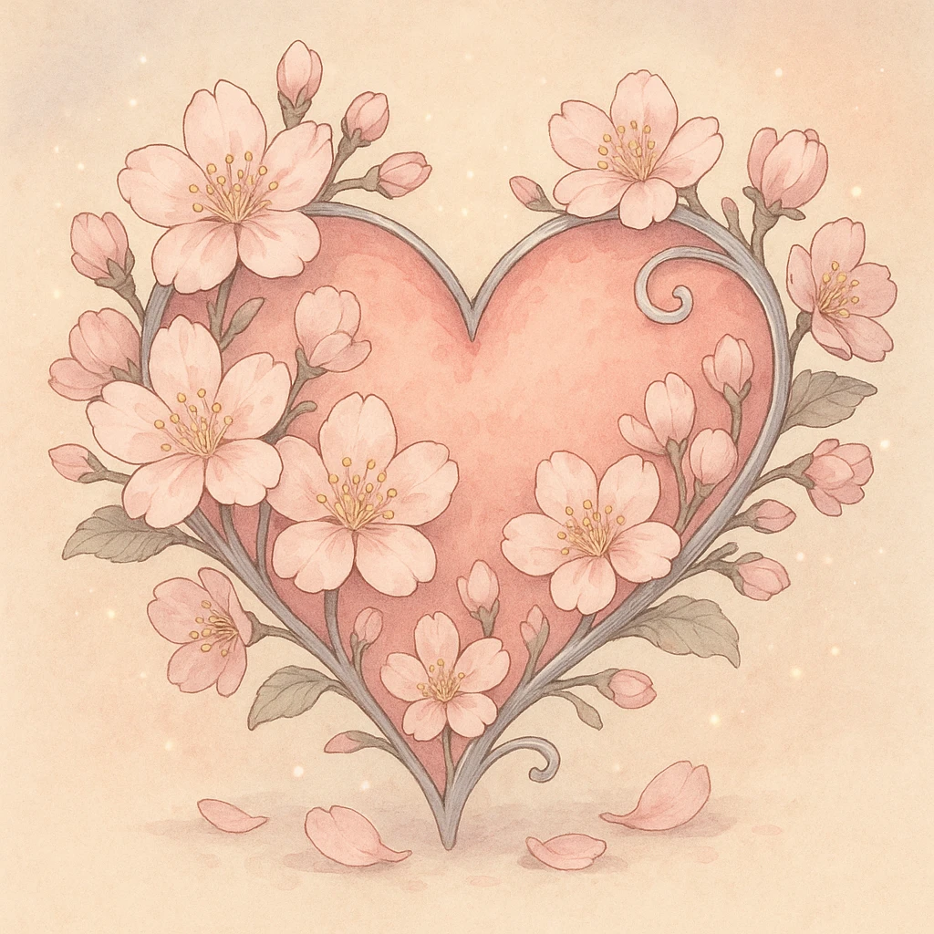 heart with sakura flowers and silver accents, ghibli style emoji