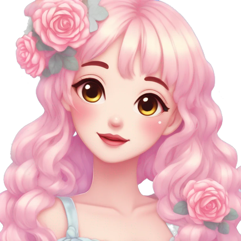 Gorgeous pastel anime style lady with blushing face and roses cottagecore fairycore pastelcore shiny colorful pearly aesthetic trending style emoji