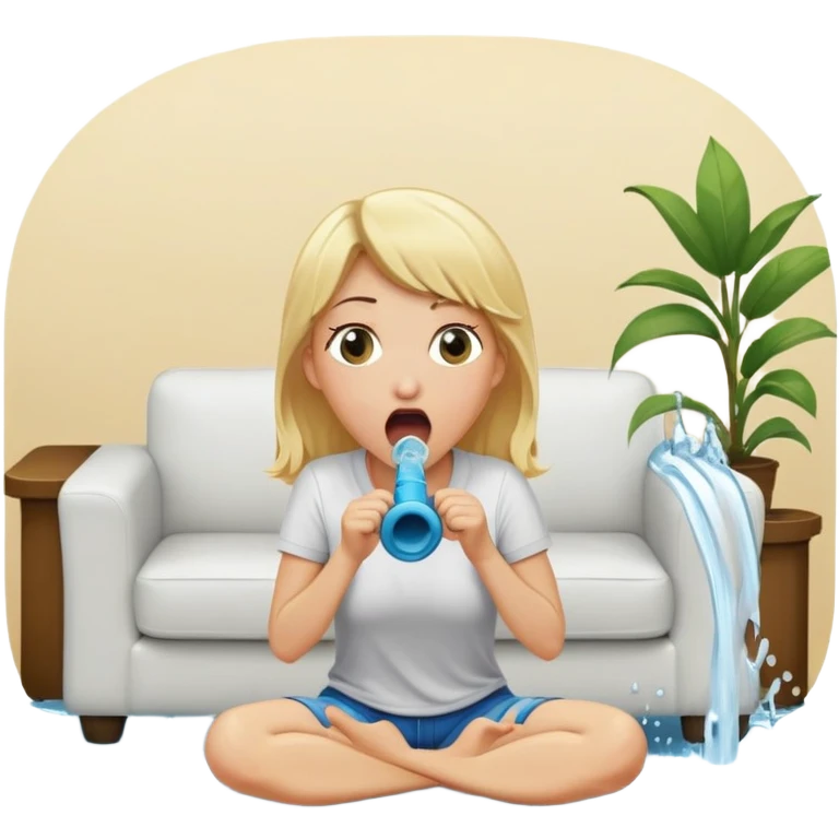 cartoonish blond woman sitting on her knees with surprised expression, wide cartoonish stick with a D-shaped knob coming out of a pair of pants hanging in front of her face, water stream squirting from the flat side of the knob into her open mouth, white couch in the background emoji