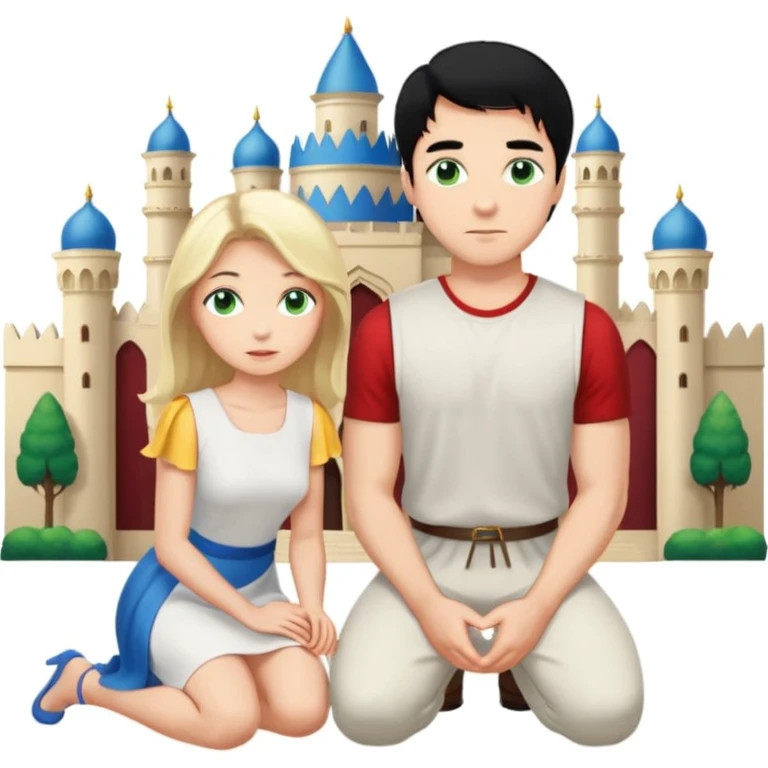 Man as prince, upright, black Hair, blue eyes, woman, blonde, green eyes, shott white sleveless Dress, kneeling, background palace emoji
