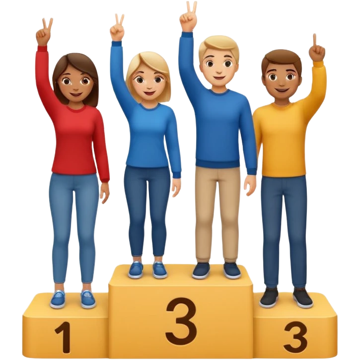 winners podium with three people numbered 2, 1, 3 left to right, all in relaxed casual clothes, center person on 1 step raising one finger on each hand, cheerful expressive friendly emoji style emoji