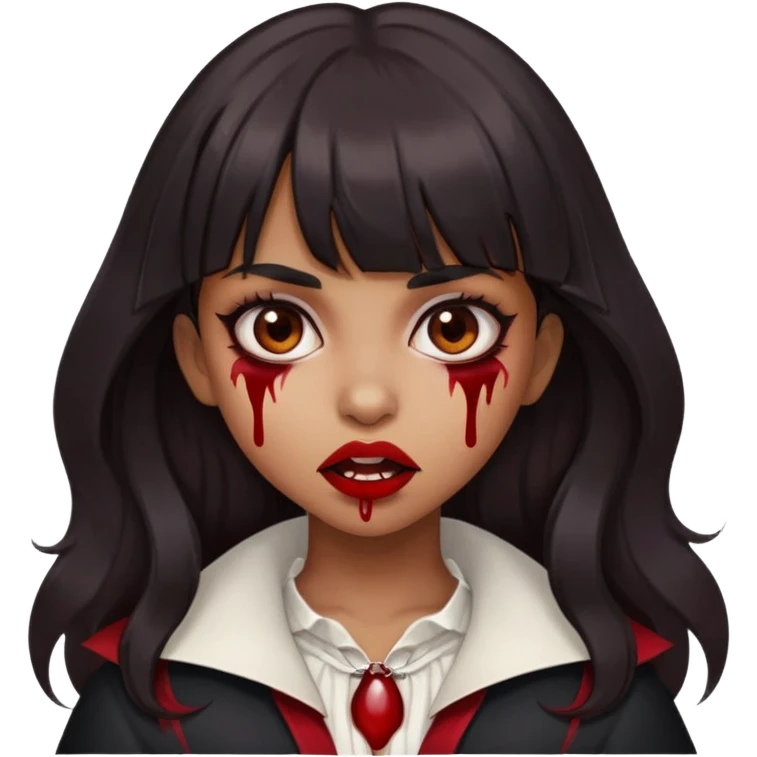 Brown girl, with wavy black hair, straight bangs, brown eyes, Vampiric appearance, Brown skin tone but not too dark, Blood in the mouth  emoji