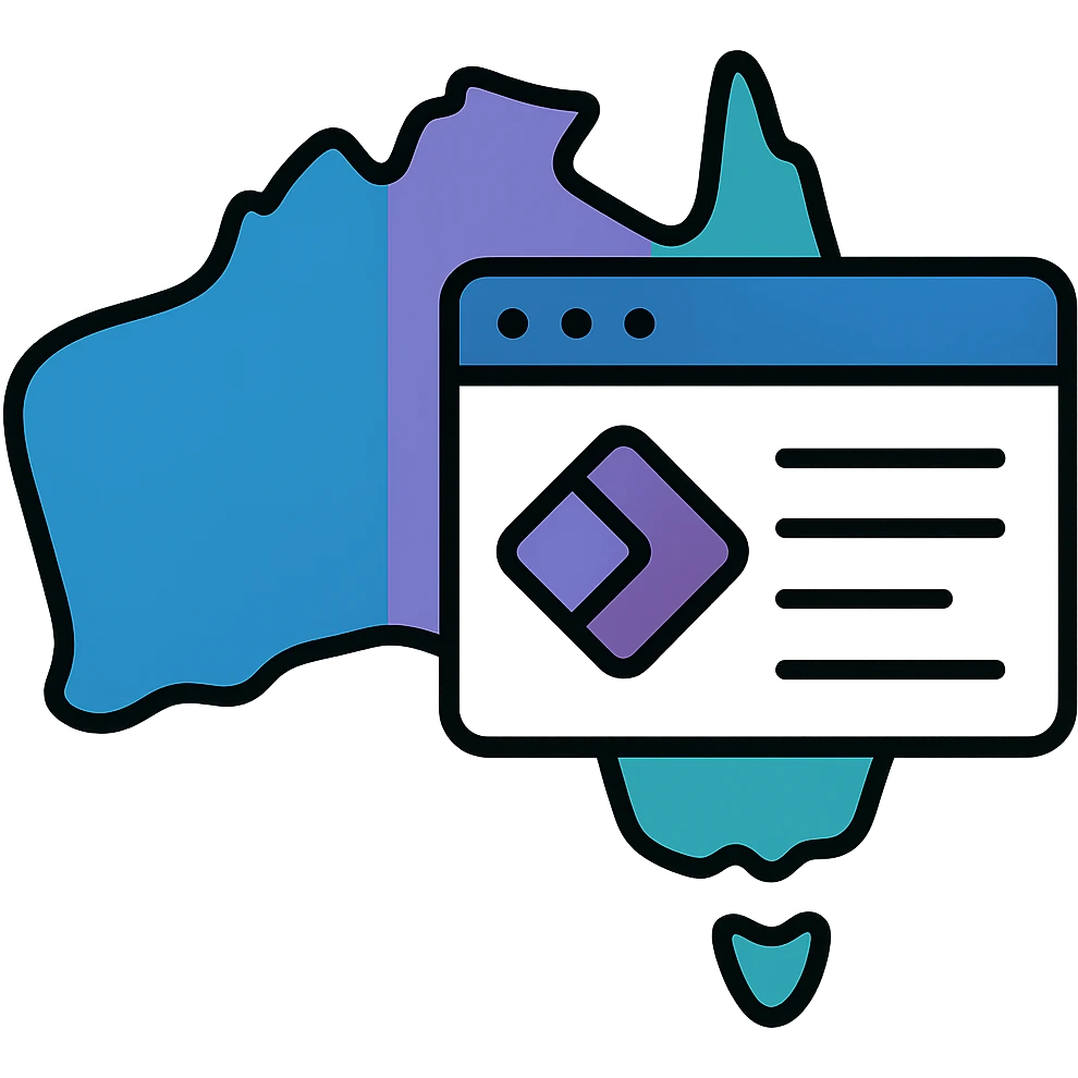 Add Microsoft Power Pages brand colors (blue, purple, teal) to the map of Australia with digital web page overlay, keep the modern and techy look, no text emoji