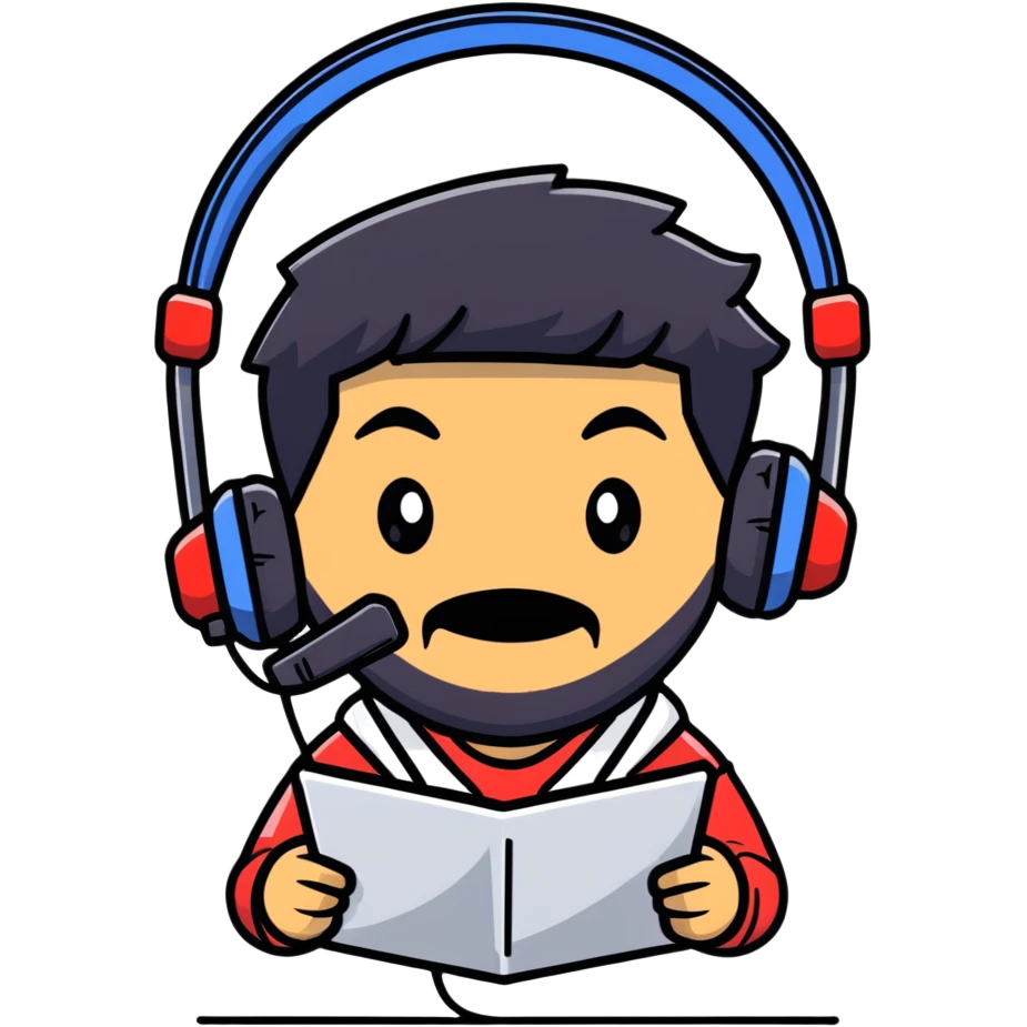 A gamer with black hair, brown eyes, and a black beard wearing a gaming headset with a thankful expression emoji