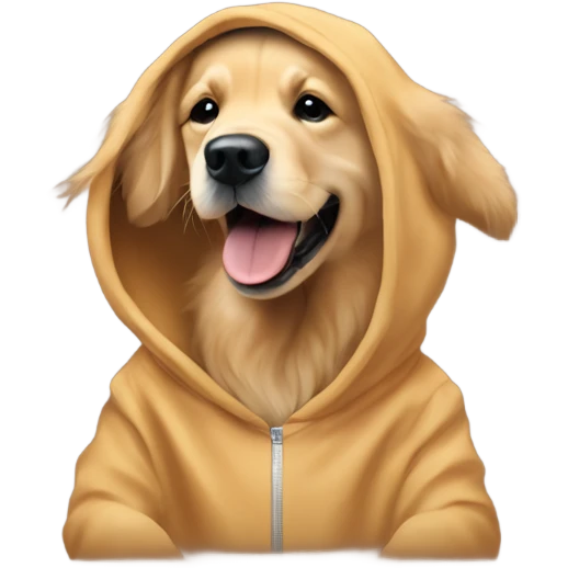 Golden retriever in a camel hoodie dancing ￼ emoji