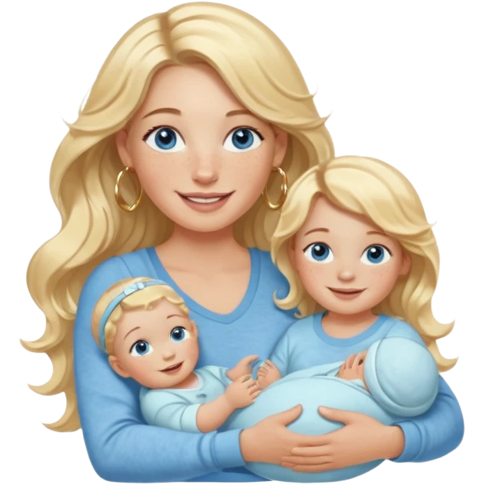 Wavy blonde, white woman with blue eyes, freckles hoop earrings, holding babies smiling and really cute in gold hoops she needs to be holding three newborns, and she needs to be more cute than pretty emoji