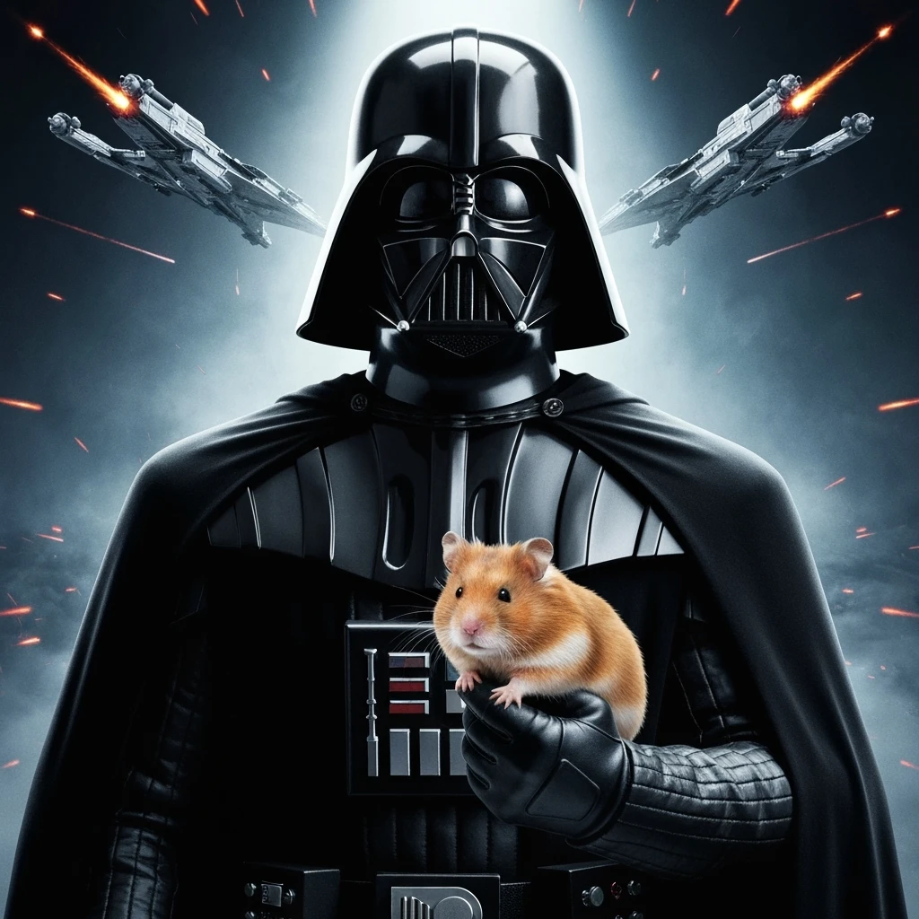 Extreme Closeup Photo of a darth vader holding big hamster, low key light, explosion startship background with leading lines, back light, spot light emoji