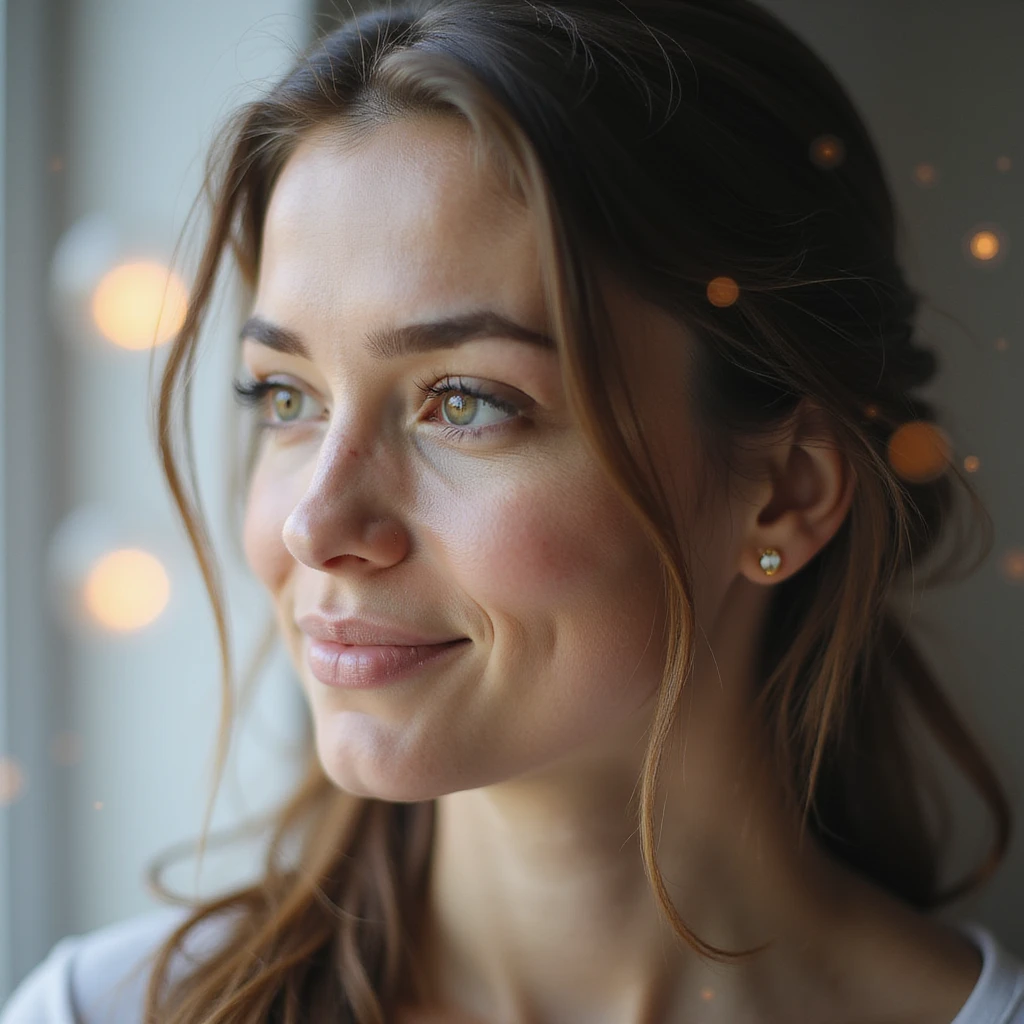 realistic medical art photograph of a serene and confident woman with PCOS, symbolically represented with improved healthy glowing oocytes next to her or in transparency, clinical or bright environment, natural light emoji
