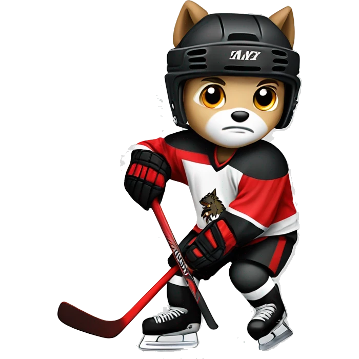 A wolf hockey player in a white red and black uniform holds a puck emoji