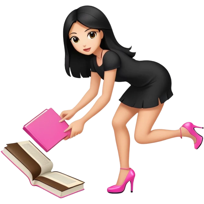 Bimbo in heels in black mini dress, long black hair tanned skin, pick up pink book from ground, emoji