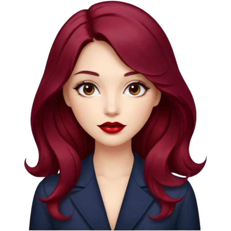 Draw a young glamorous woman with LONG dark burgandy cherry hair in a centre hair part styled slightly wavy emoji