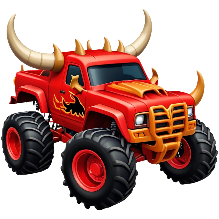 El Toro Loco - Monster Jam (Model Year: 2022) (Iconic colour: Red with horns) - An eye-catching monster truck with a wild, rebellious design in bold red. Include stylized, large horn graphics and aggressive facial elements that evoke a bull-like, ferocious appearance, exuding daring and unstoppable force. emoji