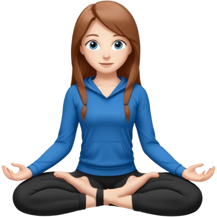A girl with fair skin and a natural blush. Eyes are large, expressive, blue. Hair is long, straight, chestnut-colored. Smile is soft, friendly, does yoga in a black tracksuit emoji