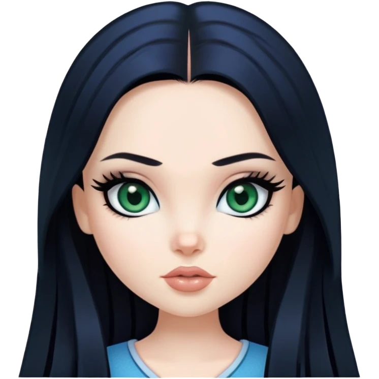 pretty bratz girl, long straight black hair, dark green eyes, black eyeliner, pale skin, blue style emoji