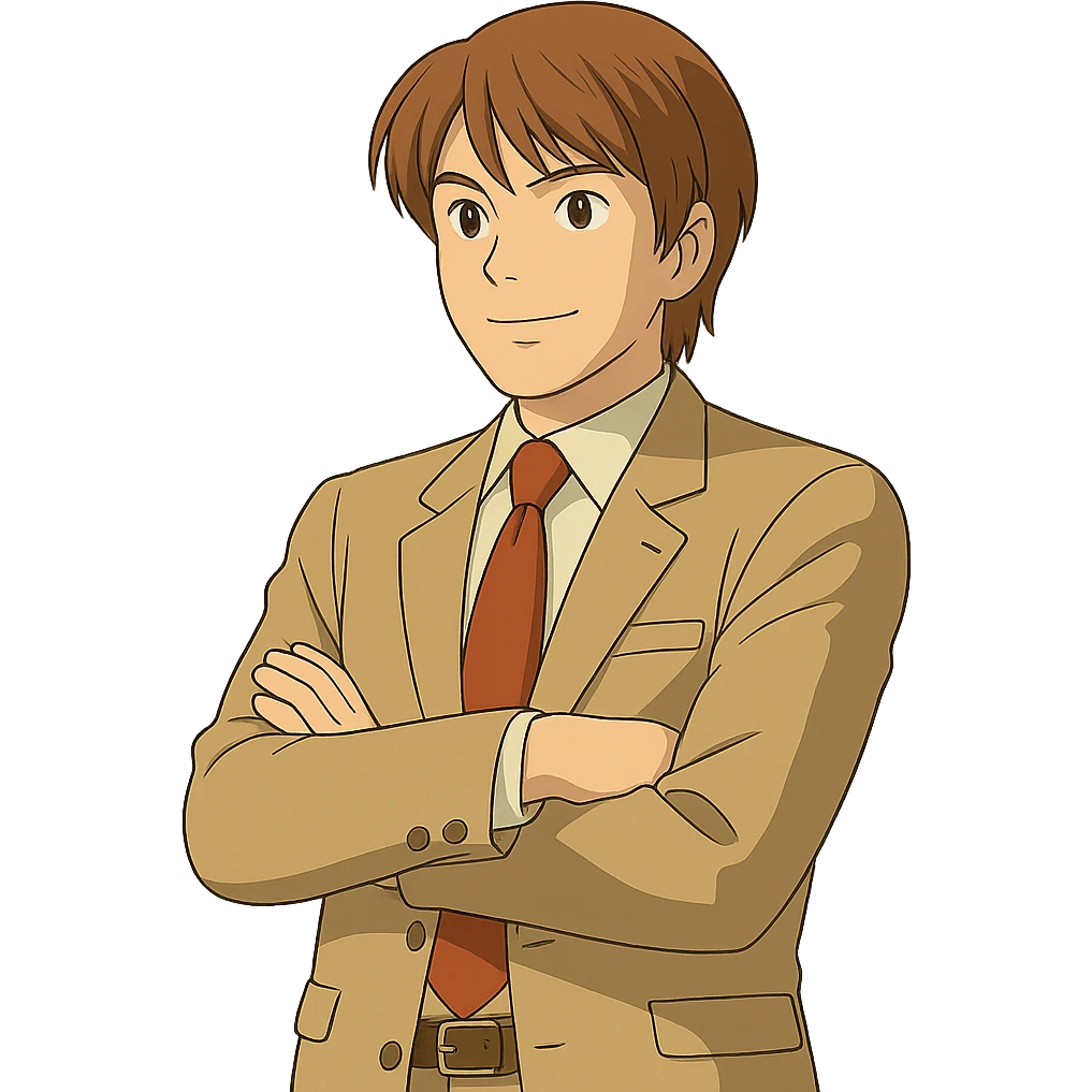 Make this exact Light Yagami stand with his arms crossed, wearing the same suit, with the same confident expression, in Ghibli style, transparent background. emoji