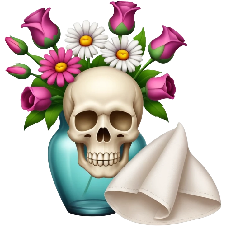 still life scull, flowers vase, tissue emoji