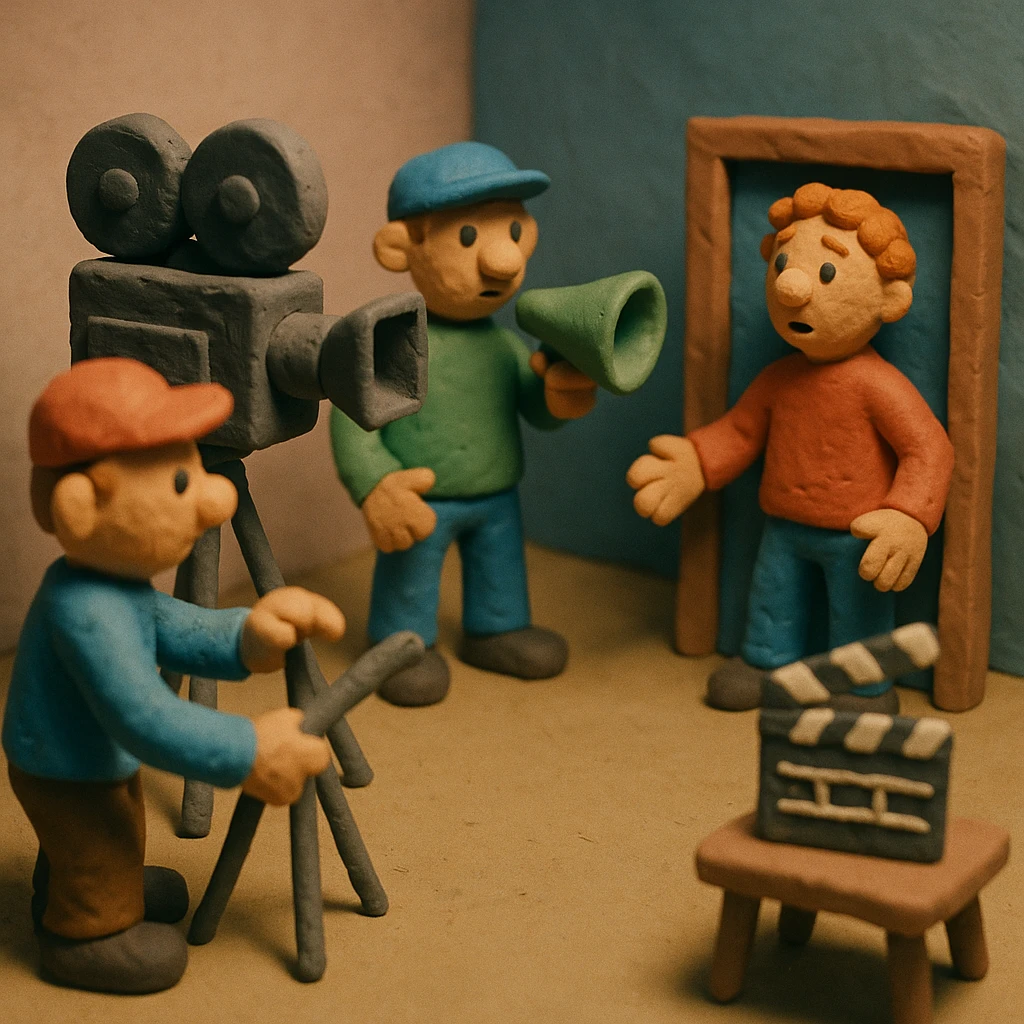 movie set with claymation style, film crew and props emoji