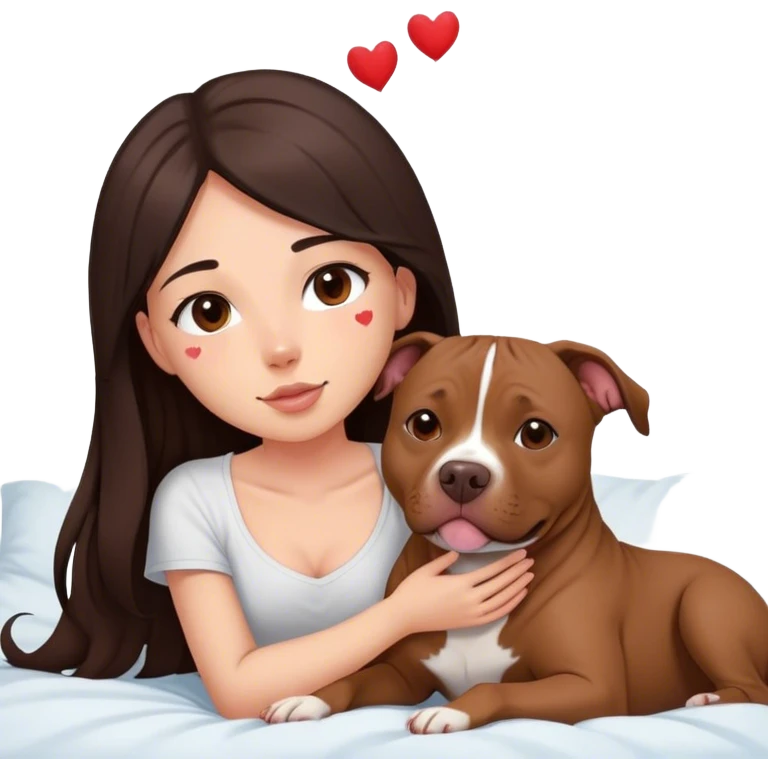 A pretty girl with long dark hair layered  cascading down her face sits on the bed with her brown pit bull  laying beside of her heart is flying all around emoji