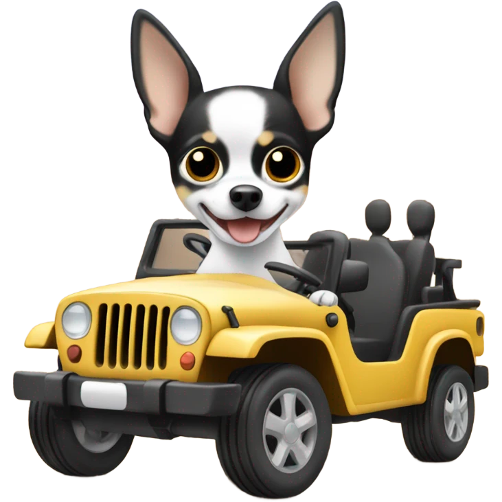 Black and white chihuahua driving a jeep emoji