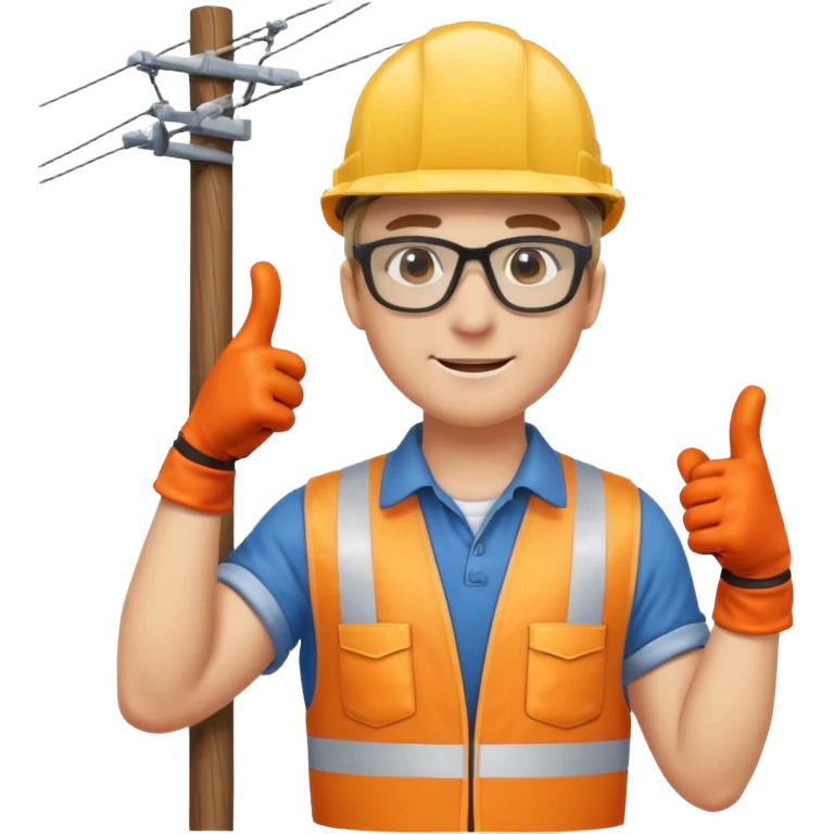 Un electricista en el poste de luz con todos sus implementos de seguridad haciendo like emoji