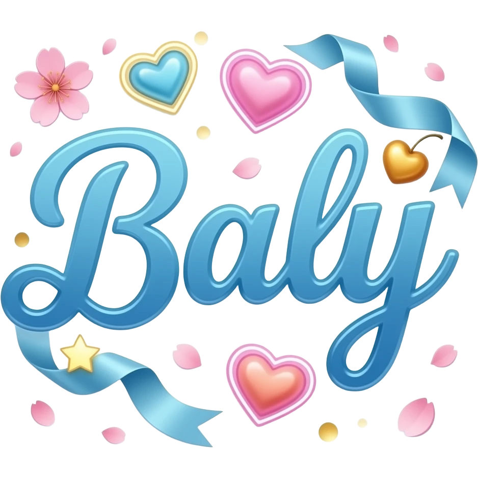 A sleek, sky blue text 'Baly' decorative symbols, adorned with satin ribbons and glowing neon-colorful hearts. Surrounded by floating cherry blossom petals and golden bokeh. Vibrant, modern, and feminine with a cinematic glow emoji