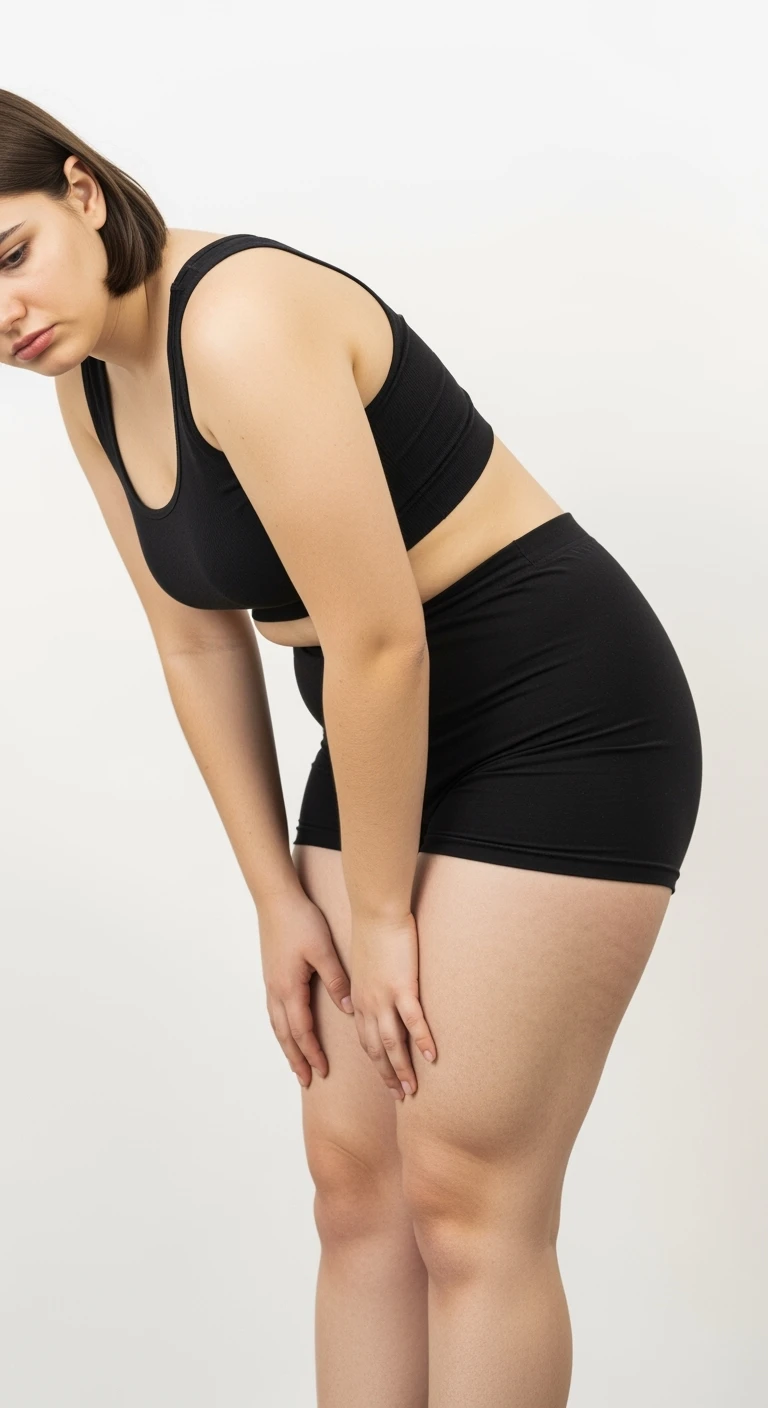 donna giovane con cellulite buchi di cellulite e ritenzione in gym short leggermente piegata in avanti, con espressione dispiaciuta in volto isolata su sfondo bianco emoji